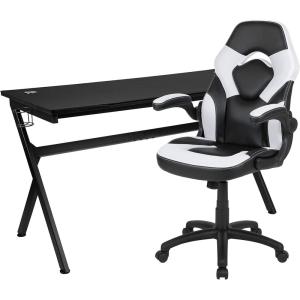 Flash Furniture Black Gaming Desk and Red/Black Racing Chair Set with Cup Holder, Headphone Hook, and Monitor/Smartphone Stand(White)