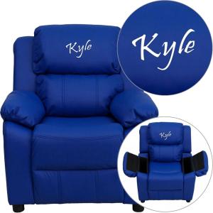 Flash Furniture Blue BT-7985-KID-BLUE-TXTEMB-GG: Personalized Deluxe Padded Vinyl Kids Recliner with Storage Arms
