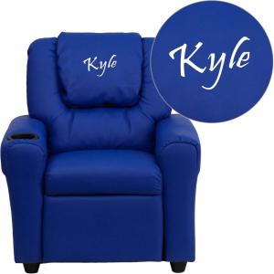 Flash Furniture Blue DG-ULT TXTEMB-GG: Personalized Vinyl Kids Recliner with Cup Holder and Headrest