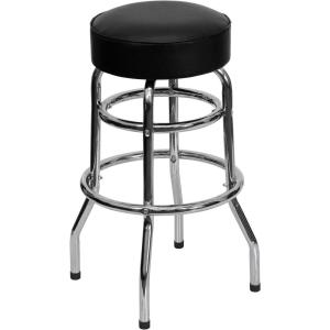 Flash Furniture Bruno Double Ring Chrome Backless Barstool with Black Upholstered Seat and Integrated Footrest(Black)