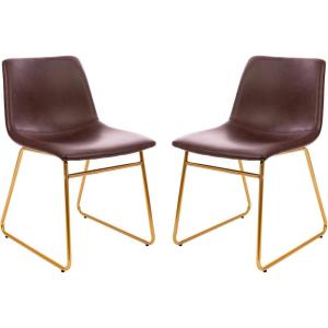 Flash Furniture Butler 18″ LeatherSoft Dining Table Height Chairs, Mid-Century Modern Bucket Style Dining Chairs, Set of 2, Light Gray/Gold(Dark Brown Leathersoft/Gold Frame)