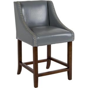Flash Furniture Carmel Series 24″ High Transitional Walnut Counter Height Stool with Nail Trim in Dark Gray Fabric, Set of 2(Light Gray Leathersoft)