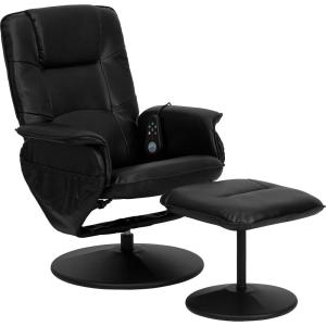 Flash Furniture Cason Massaging Adjustable Recliner with Deep Side Pockets and Ottoman with Wrapped Base in Black LeatherSoft(Black)