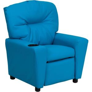 Flash Furniture Chandler LeatherSoft Kids Recliner with Cup Holder and Safety Recline, Contemporary Reclining Chair for Kids, Supports up to 90 lbs., Black(Turquoise Vinyl)