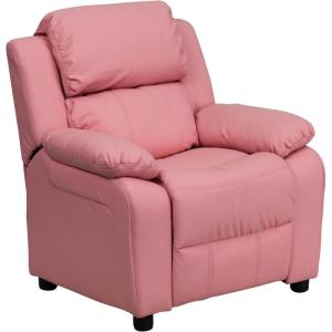 Flash Furniture Charlie Microfiber Kids Recliner with Flip-Up Storage Arms and Safety Recline, Contemporary Reclining Chair for Kids, Supports up to 90 lbs., Purple(Pink Vinyl)