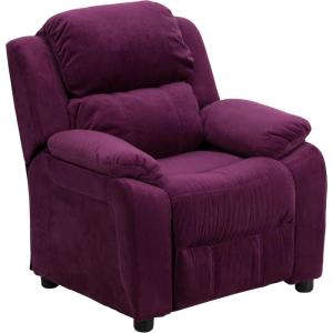 Flash Furniture Charlie Microfiber Kids Recliner with Flip-Up Storage Arms and Safety Recline, Contemporary Reclining Chair for Kids, Supports up to 90 lbs., Purple(Purple Microfiber)
