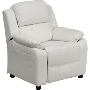 Flash Furniture Charlie Microfiber Kids Recliner with Flip-Up Storage Arms and Safety Recline, Contemporary Reclining Chair for Kids, Supports up to 90 lbs., Purple(White Vinyl)