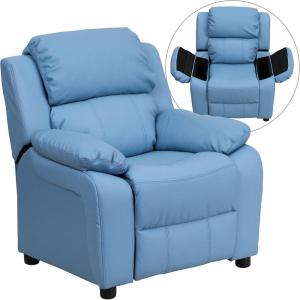 Flash Furniture Charlie Microfiber Kids Recliner with Flip-Up Storage Arms and Safety Recline, Contemporary Reclining Chair for Kids, Supports up to 90 lbs., Purple(Light Blue Vinyl)
