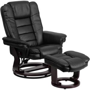 Flash Furniture Contemporary Multi-Position Recliner with Horizontal Stitching and Ottoman with Swivel Mahogany Wood Base in Black Leather
