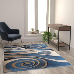 Flash Furniture Coterie Collection Modern Circular Patterned Indoor Area Rug – Blue and Beige Olefin Fibers with Jute Backing – 5′ x 7′(5’2″ x 7’1″ (Rectangular))