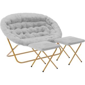 Flash Furniture Eleanor Portable Double Saucer Chair with 2 Ottomans, Folding Steel Frames, for Dorm or Bedroom, 56″, Dusty Aqua Faux Fur/Soft Gold Frame(Gray Fabric/Soft Gold Frame)