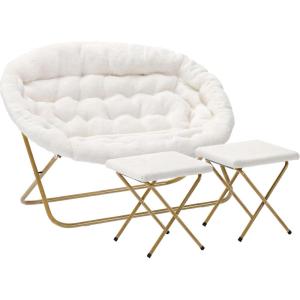 Flash Furniture Eleanor Portable Double Saucer Chair with 2 Ottomans, Folding Steel Frames, for Dorm or Bedroom, 56″, Dusty Aqua Faux Fur/Soft Gold Frame(Ivory Faux Shearling Fabric/Soft Gold Frame)