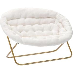 Flash Furniture Eleanor Portable Double Saucer Chair with 2 Ottomans, Folding Steel Frames, for Dorm or Bedroom, 56″, Dusty Aqua Faux Fur/Soft Gold Frame(Ivory Faux Shearling/Soft Gold Frame)