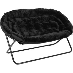 Flash Furniture Eleanor Portable Double Saucer Chair with 2 Ottomans, Folding Steel Frames, for Dorm or Bedroom, 56″, Dusty Aqua Faux Fur/Soft Gold Frame(Black Fabric/Black Frame)