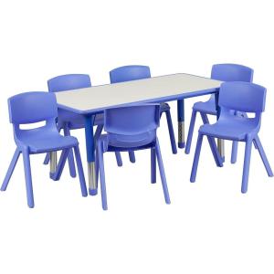 Flash Furniture Emmy Adjustable Classroom Activity Table with 6 Stackable Chairs, Plastic Activity Table for Kids, 23.625″ W x 47.25″ L, Blue/Gray(Blue)