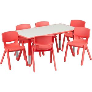 Flash Furniture Emmy Adjustable Classroom Activity Table with 6 Stackable Chairs, Plastic Activity Table for Kids, 23.625″ W x 47.25″ L, Blue/Gray(Red)