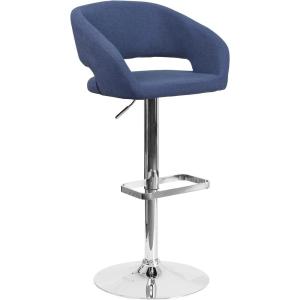 Flash Furniture Erik Contemporary Adjustable Height Barstool with Footrest and Rounded Mid-Back, Upholstered Bar or Counter Height Stool, Gray/Chrome(Blue Fabric/Chrome Frame)