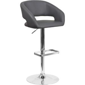 Flash Furniture Erik Contemporary Adjustable Height Barstool with Footrest and Rounded Mid-Back, Upholstered Bar or Counter Height Stool, Gray/Chrome(Gray Vinyl/Chrome Frame)