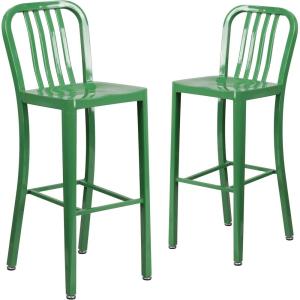 Flash Furniture Gael 30″ Commercial Metal Barstools with Footrest, Vertical Slat Back Bar Height Stools for Restaurants and Kitchens, Set of 2, Silver(Green)