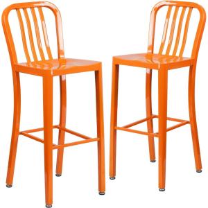 Flash Furniture Gael 30″ Commercial Metal Barstools with Footrest, Vertical Slat Back Bar Height Stools for Restaurants and Kitchens, Set of 2, Silver(Orange)
