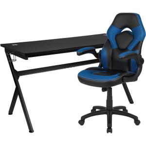 Flash Furniture Gaming Desk and Black Racing Chair Set/Cup Holder/Headphone Hook/Removable Mouse Pad Top – 2 Wire Management Holes(Blue)