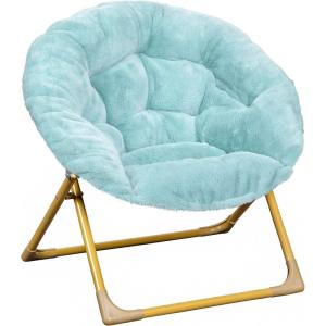 Flash Furniture Gwen Kids Cozy Mini Folding Saucer Chair – Navy Faux Fur Moon Chair – Soft Gold Metal Frame – 23″ Portable Folding Chair For Living Room or Bedroom(Dusty Aqua/Soft Gold)