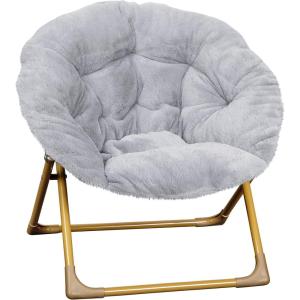 Flash Furniture Gwen Kids Cozy Mini Folding Saucer Chair – Navy Faux Fur Moon Chair – Soft Gold Metal Frame – 23″ Portable Folding Chair For Living Room or Bedroom(Gray/Soft Gold)