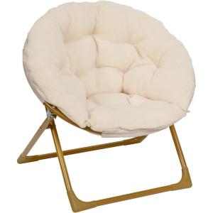 Flash Furniture Gwen Kids Cozy Mini Folding Saucer Chair – Navy Faux Fur Moon Chair – Soft Gold Metal Frame – 23″ Portable Folding Chair For Living Room or Bedroom(Ivory Faux Fur/Soft Gold Frame)
