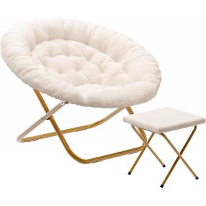 Flash Furniture Gwen Oversize Folding Saucer Chair – Blush Faux Fur Moon Chair – Soft Gold Metal Frame – 38″ Portable Folding Chair – for Dorm and Bedroom(Ivory Faux Shearling Fabric/Soft Gold Frame)