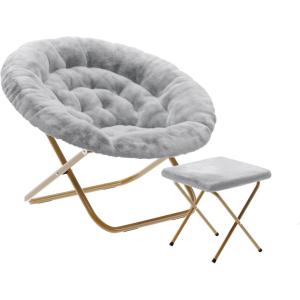 Flash Furniture Gwen Oversize Folding Saucer Chair – Blush Faux Fur Moon Chair – Soft Gold Metal Frame – 38″ Portable Folding Chair – for Dorm and Bedroom(Gray Fabric/Soft Gold Frame)