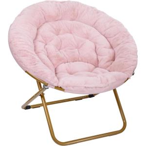 Flash Furniture Gwen Oversize Folding Saucer Chair – Blush Faux Fur Moon Chair – Soft Gold Metal Frame – 38″ Portable Folding Chair – for Dorm and Bedroom(Blush/Soft Gold)