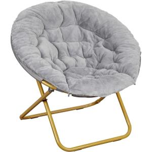 Flash Furniture Gwen Oversize Folding Saucer Chair – Blush Faux Fur Moon Chair – Soft Gold Metal Frame – 38″ Portable Folding Chair – for Dorm and Bedroom(Gray/Soft Gold)