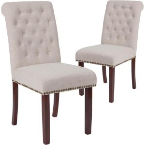 Flash Furniture HERCULES Series Black LeatherSoft Parsons Chair with Rolled Back, Accent Nail Trim and Walnut Finish(Beige Fabric)