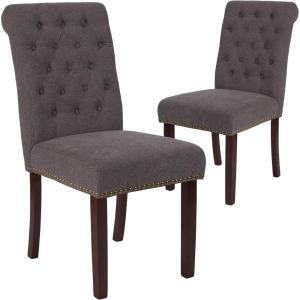 Flash Furniture HERCULES Series Black LeatherSoft Parsons Chair with Rolled Back, Accent Nail Trim and Walnut Finish(Dark Gray Fabric)