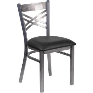 Flash Furniture HERCULES Series Clear Coated ”X” Back Metal Restaurant Chair – Black Vinyl Seat(Black Vinyl Seat/Clear Coated Metal Frame)
