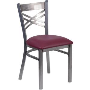 Flash Furniture HERCULES Series Clear Coated ”X” Back Metal Restaurant Chair – Black Vinyl Seat(Burgundy Vinyl Seat/Clear Coated Metal Frame)