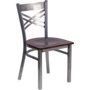 Flash Furniture HERCULES Series Clear Coated ”X” Back Metal Restaurant Chair – Black Vinyl Seat(Walnut Wood Seat/Clear Coated Metal Frame)