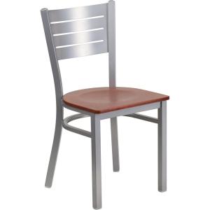 Flash Furniture HERCULES Series Silver Slat Back Metal Restaurant Chair – Black Vinyl Seat(Cherry Wood Seat)