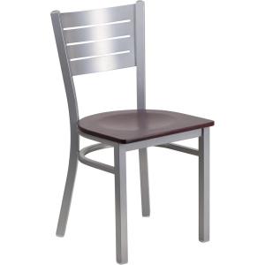 Flash Furniture HERCULES Series Silver Slat Back Metal Restaurant Chair – Black Vinyl Seat(Mahogany Wood Seat)