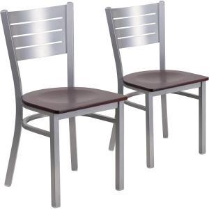Flash Furniture HERCULES Series Silver Slat Back Metal Restaurant Chair – Black Vinyl Seat(Mahogany Wood Seat/Silver Frame)