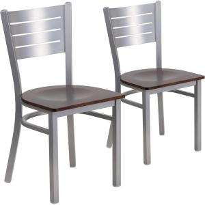 Flash Furniture HERCULES Series Silver Slat Back Metal Restaurant Chair – Black Vinyl Seat(Walnut Wood Seat/Silver Frame)