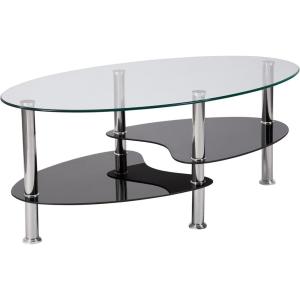 Flash Furniture Hampden Glass Coffee Table with Black Glass Shelves and Stainless Steel Legs