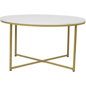 Flash Furniture Hampstead Collection Coffee Table – Modern White Marble Finish Coffee Table – Crisscross Brushed Gold Frame(White Marble Top/Brushed Gold Frame)