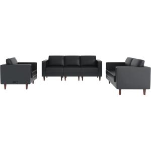 Flash Furniture Hercules Artemis 3 Piece Commercial Seating Set for Reception and Lobby Use, Solid Wood Legs, 8 Outlets, 4 USB, and 4 USB-C Ports, Black LeatherSoft(Black)