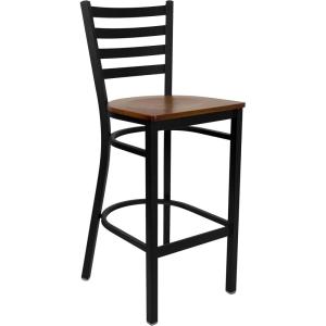 Flash Furniture Hercules Series Ladder Back Metal Restaurant Barstool, Modern Upholstered Armless Bar Height Chair for Restaurants and Kitchens, Black(Cherry Wood Seat/Black Metal Frame)