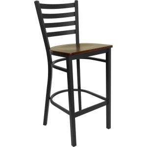 Flash Furniture Hercules Series Ladder Back Metal Restaurant Barstool, Modern Upholstered Armless Bar Height Chair for Restaurants and Kitchens, Black(Mahogany Wood Seat/Black Metal Frame)