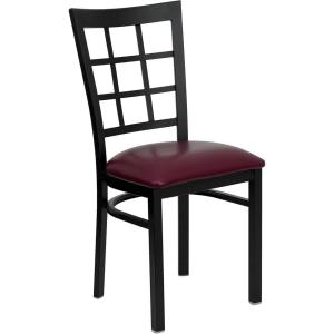 Flash Furniture Hercules Series Window Back Metal Restaurant Chair, Modern Upholstered Armless Dining Chair for Restaurants and Kitchens, Black(Burgundy Vinyl Seat/Black Metal Frame)