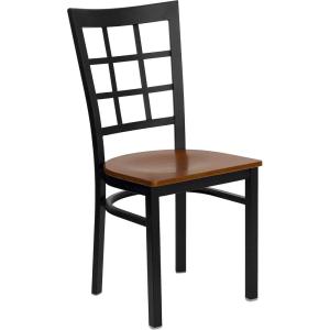 Flash Furniture Hercules Series Window Back Metal Restaurant Chair, Modern Upholstered Armless Dining Chair for Restaurants and Kitchens, Black(Cherry Wood Seat/Black Metal Frame)