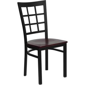 Flash Furniture Hercules Series Window Back Metal Restaurant Chair, Modern Upholstered Armless Dining Chair for Restaurants and Kitchens, Black(Mahogany Wood Seat/Black Metal Frame)