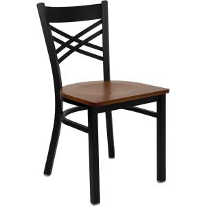 Flash Furniture Hercules Series “X” Back Metal Restaurant Chair, Modern Upholstered Armless Dining Chair for Restaurants and Kitchens, Black(Cherry Wood Seat/Black Metal Frame)